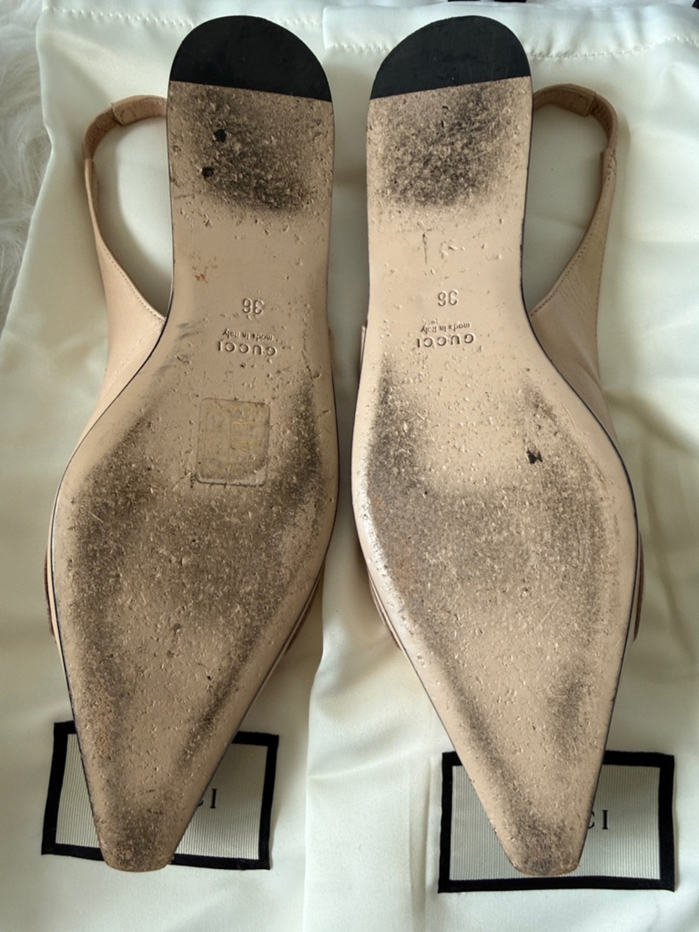 Gucci Blush Leather Pointed Slingback Flat Mules with Gold Double G - Picture 7 of 11